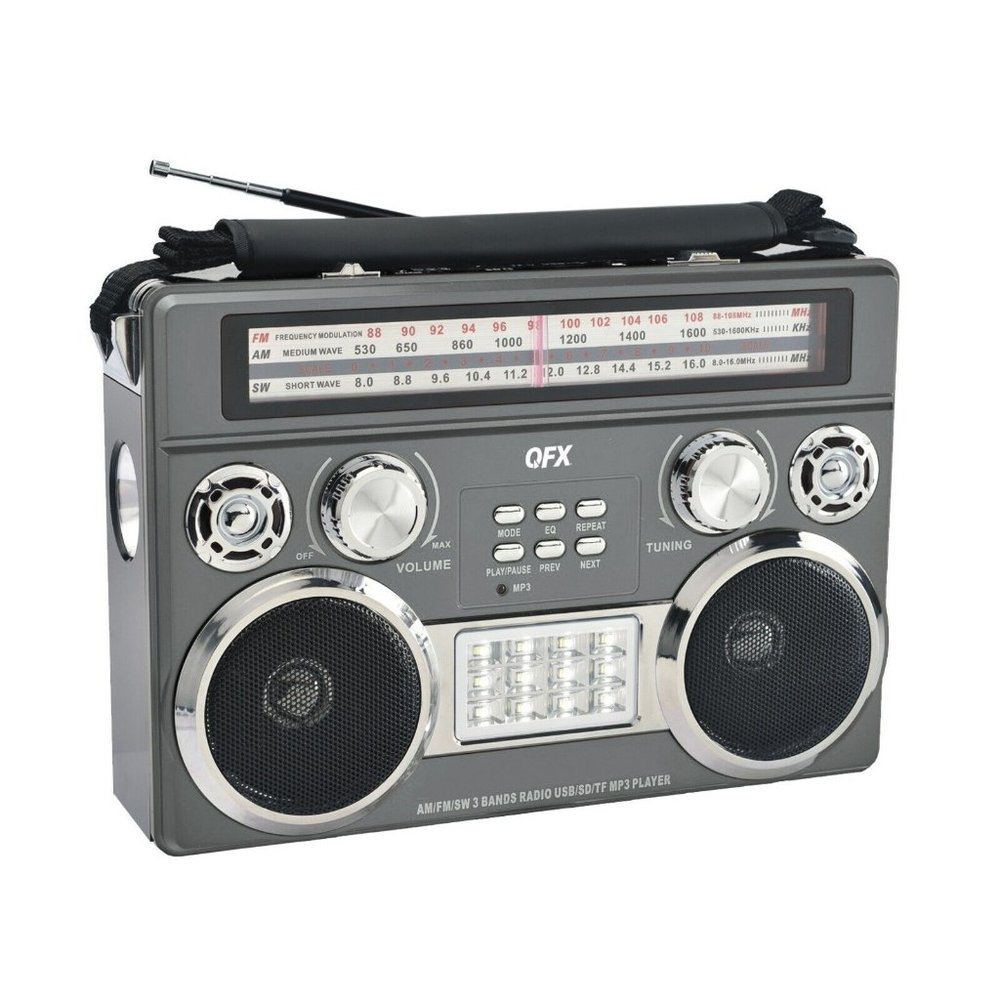 QFX Gray Portable Retro AM/FM/SW 3-Band Radio With Flashlight Bluetooth Boombox